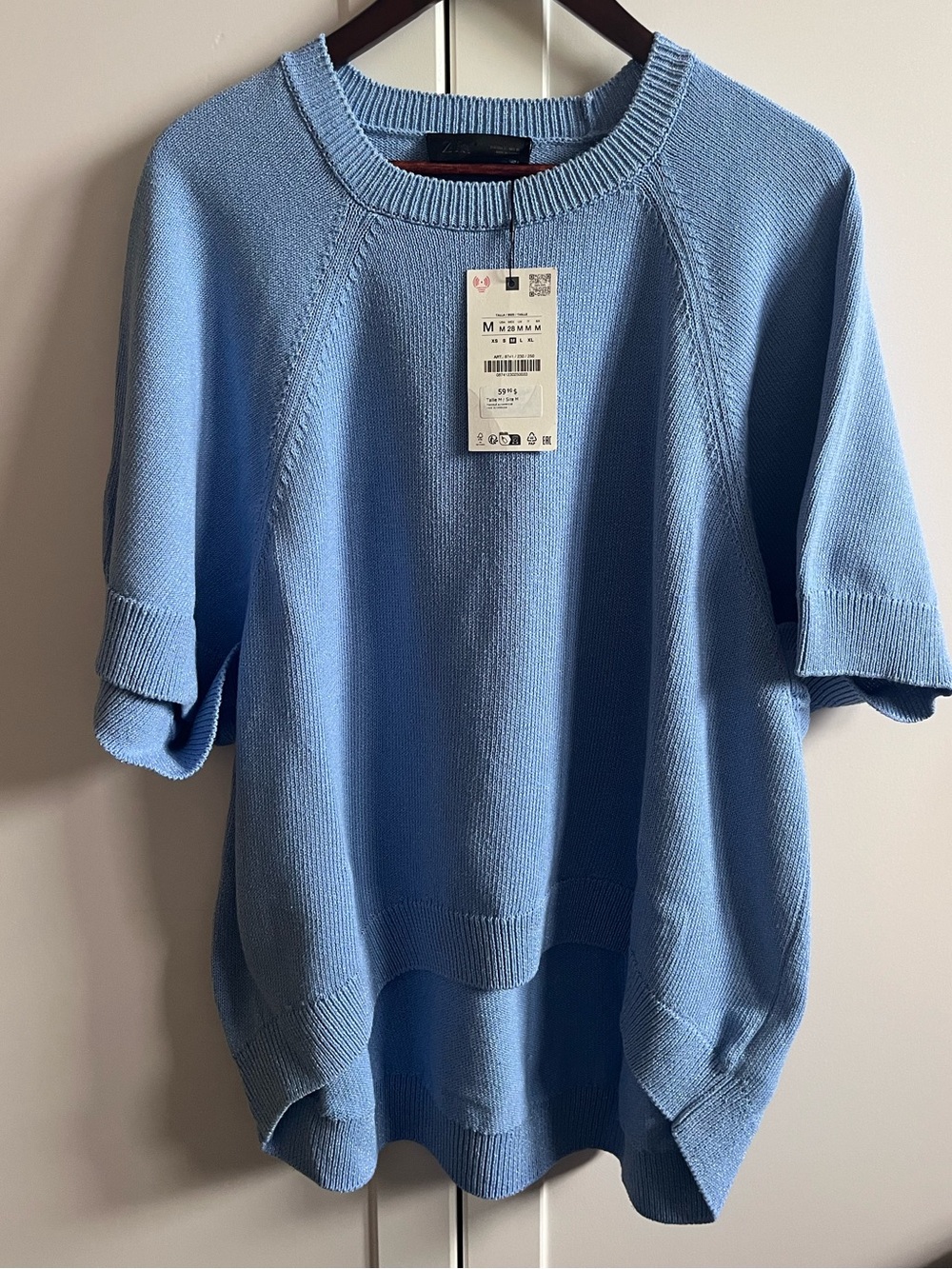 ZARA NWT Blue Short Sleeve Knit Crewneck Sweater High Low Curved Hem Medium M